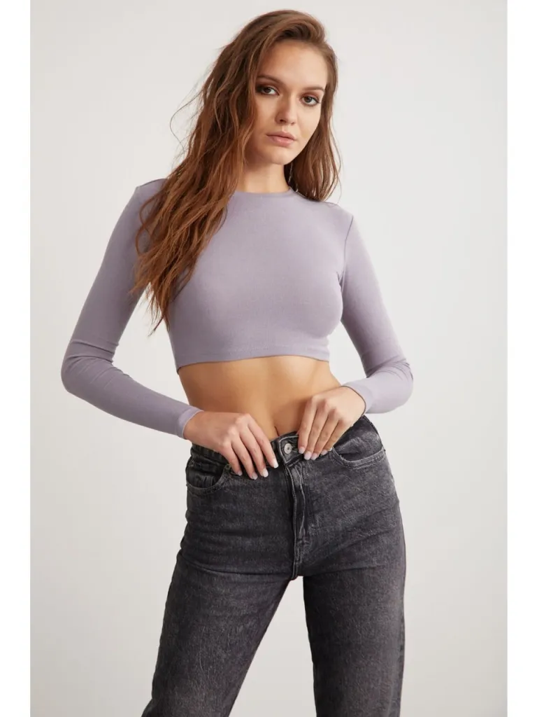Grimelange Essie Kadın Bisiklet Yaka Slim Fit Uzun Kollu Crop Lila Bluz