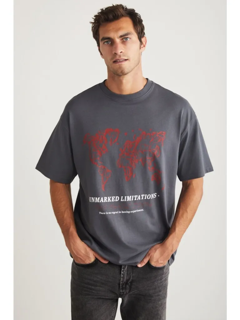 Grimelange Leaf Erkek Bisiklet Yaka Pamuk Baskılı Gri T-Shirt
