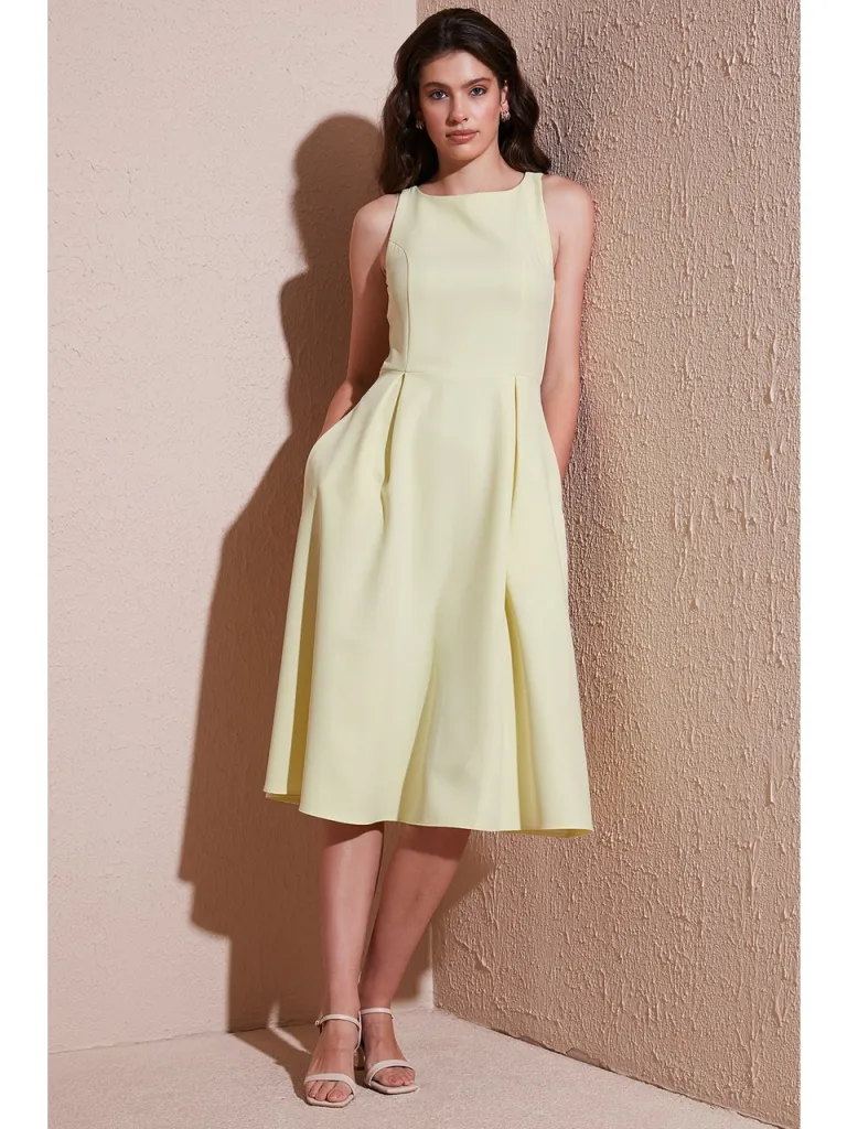 Lela Bisiklet Yaka Regular Fit Cepli Pileli Midi Elbise Bayan Elbise 6051963