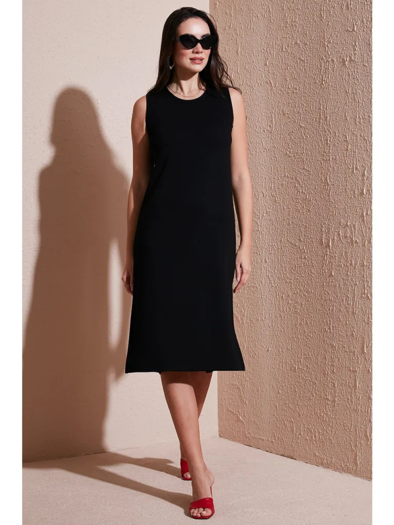 Lela Regular Fit Bisiklet Yaka Yırtmaç Detaylı Basic Midi Elbise Bayan Elbise 5866160