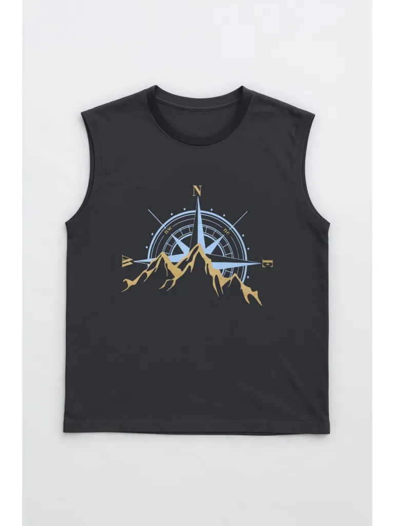 Markapia Man Erkek %100 Pamuk Bisiklet Yaka Pusula Baskılı Kolsuz T-Shirt