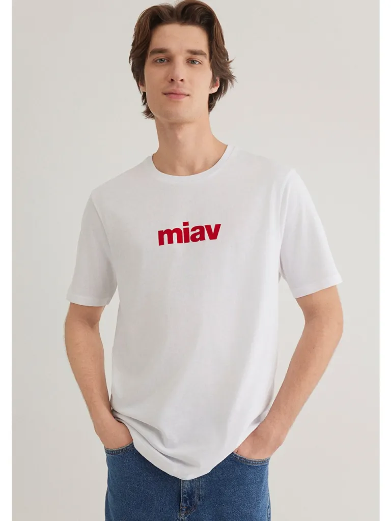 Mavi Kırmızı Miav Baskılı Beyaz Tişört 067153-622