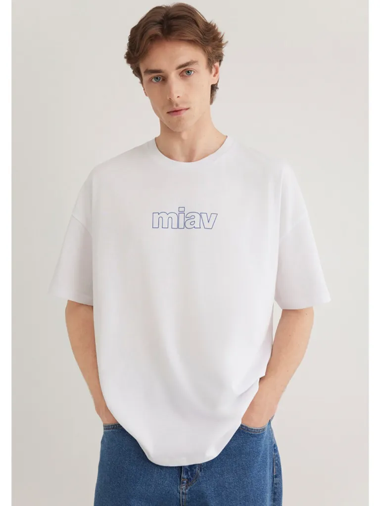Mavi Miav Baskılı Oversize Beyaz Tişört 0611704-620