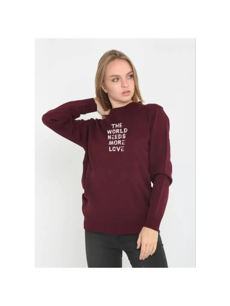 Modavera Unisex Bisiklet Yaka Baskılı Dokuma Triko - Bordo