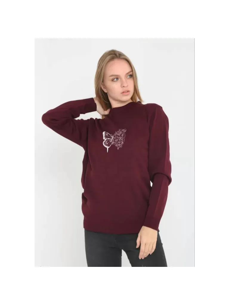 Modavera Unisex Bisiklet Yaka Baskılı Dokuma Triko - Bordo