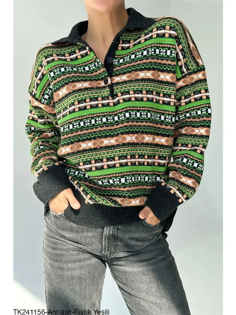 Myra Çok Renkli Polo Yaka Kilim Desenli Triko