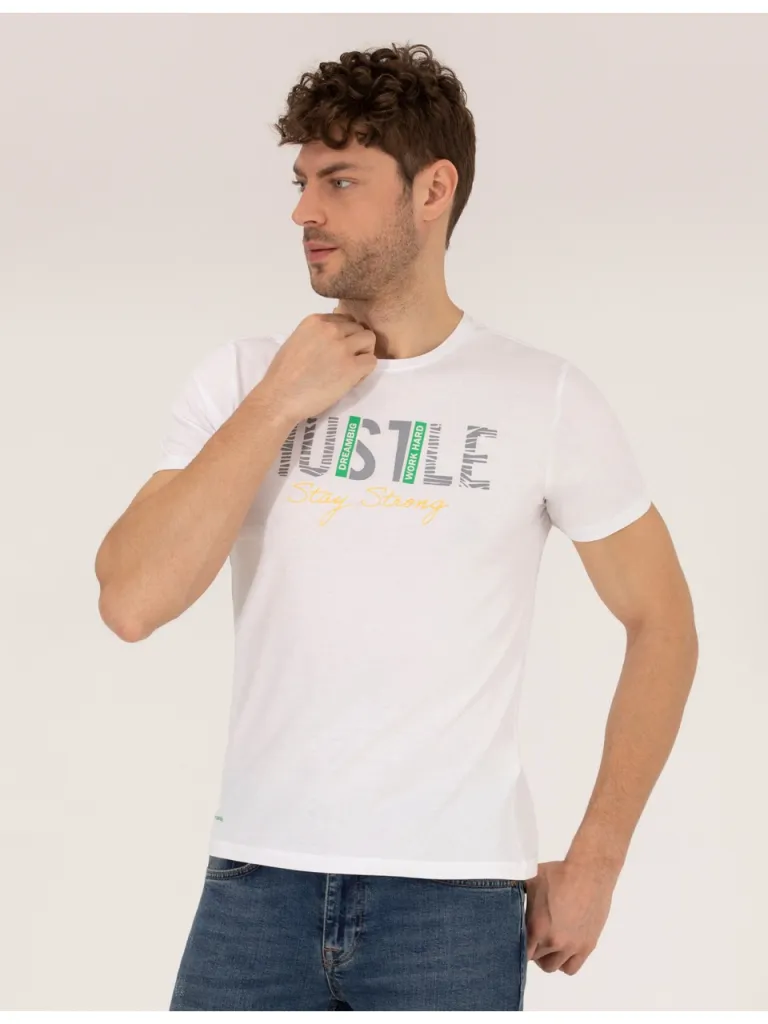 Pierre Cardin Erkek Beyaz Slim Fit Baskılı Bisiklet Yaka Tişört 50262662-VR013