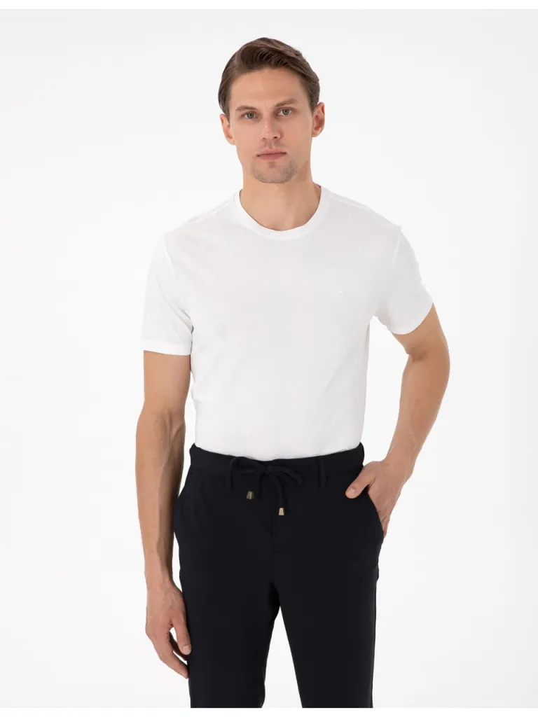 Pierre Cardin Erkek Ekru %100 Pamuk Slim Fit Bisiklet Yaka Basic Tişört 50306980-VR019
