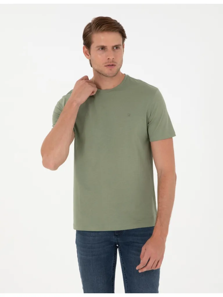 Pierre Cardin Erkek Haki %100 Pamuk Slim Fit Bisiklet Yaka Basic Tişört 50306359-VR027