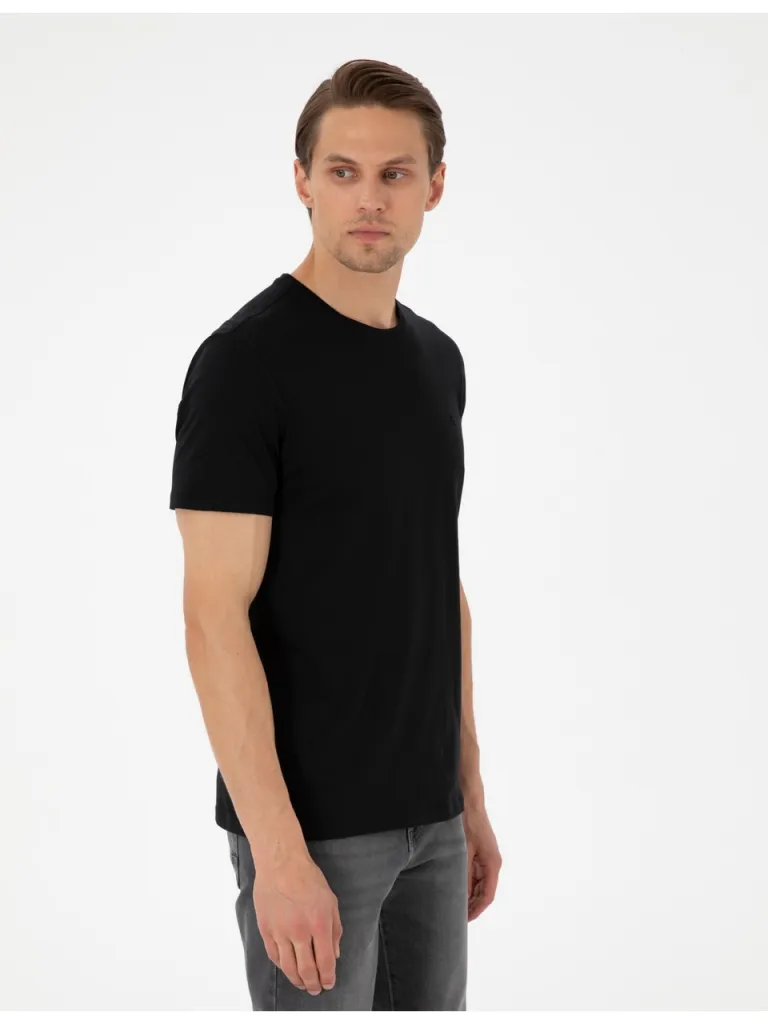 Pierre Cardin Erkek Siyah %100 Pamuk Slim Fit Bisiklet Yaka Basic Tişört 50306980-VR046