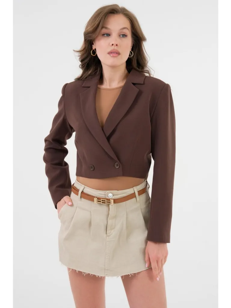 Saade Acı Kahverengi Kruvaze Crop Blazer Ceket