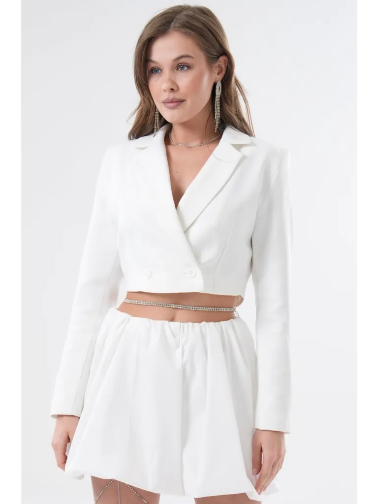Saade Beyaz Kruvaze Crop Blazer Ceket