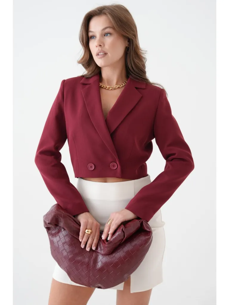 Saade Bordo Kruvaze Crop Blazer Ceket