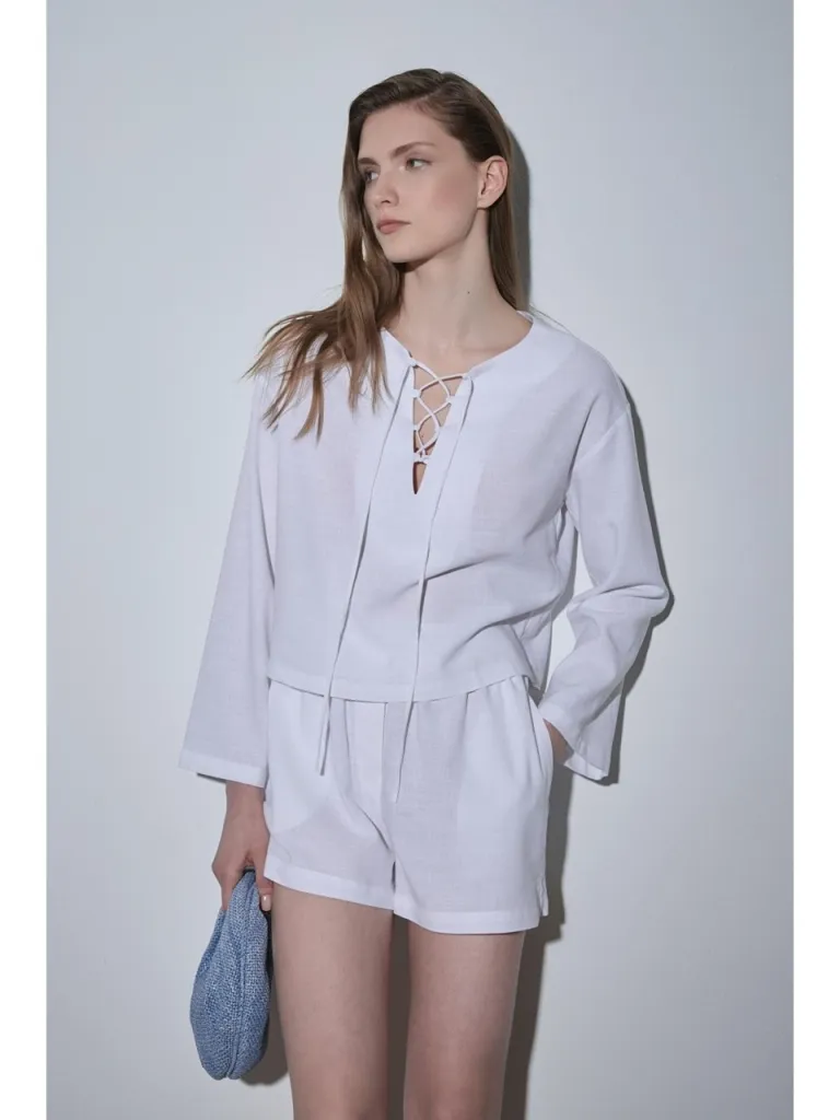 Suud Collection Beyaz Zoe Bağlamalı Keten Bluz