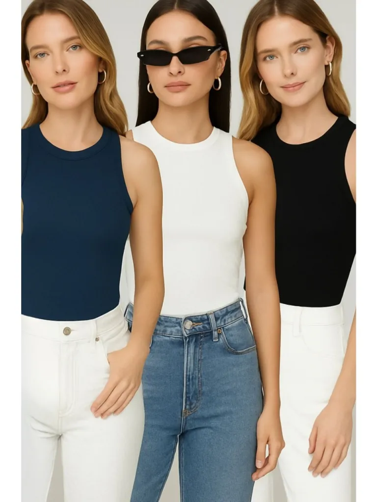Trendseninle Kadın Laci Siyah Beyaz Bisiklet Yaka Sıfır Kol Body Atlet 3lü Set
