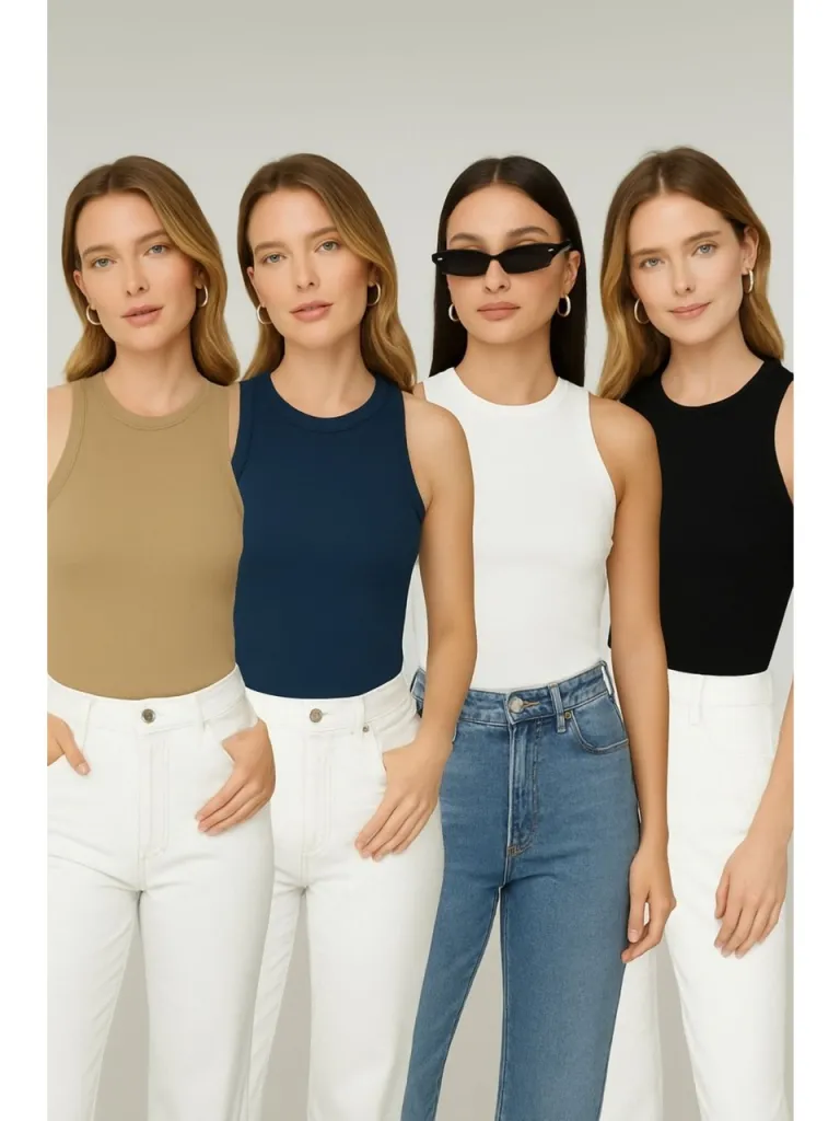 Trendseninle Kadın Vizon Laci Siyah Beyaz Bisiklet Yaka Sıfır Kol Body Atlet 4lü Set