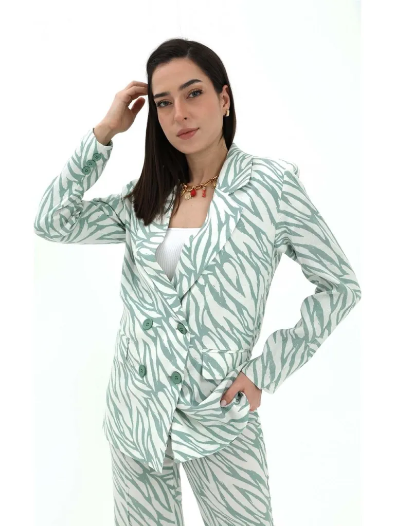 Vapur Zebra Desen Oversize Keten Ceket - Mint Yeşili